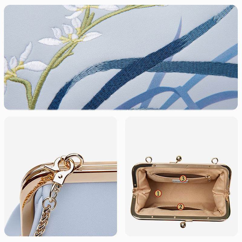 Embroidery Leather Blue Chain Kiss Lock Clutch Handbag Orchid - SinoCultural -- P220063