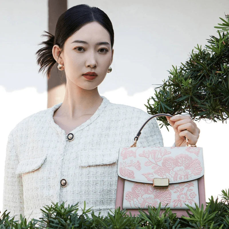 Embroidery Leather Peony Clutch Bag New Chinese Style Handbag - SinoCultural -- CXXB049PK