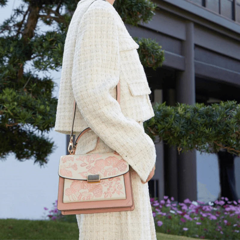 Embroidery Leather Peony Clutch Bag New Chinese Style Handbag - SinoCultural -- CXXB049PK