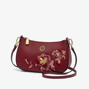 Embroidery Leather Peony Single Shoulder Hobo Bag - SinoCultural -- SC1606-T2