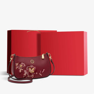 Embroidery Leather Peony Single Shoulder Hobo Bag - SinoCultural -- SC1606-T2