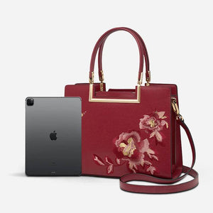Embroidery Leather Peony Tote Bag Chinese Style Luxury Handbag - SinoCultural -- SC1603-2