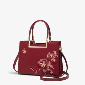 Embroidery Leather Peony Tote Bag Chinese Style Luxury Handbag - SinoCultural -- SC1603-2