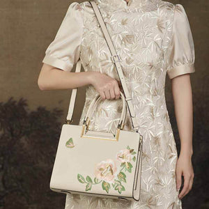 Embroidery Leather Peony Tote Bag Chinese Style Luxury Handbag - SinoCultural -- SC1603-2