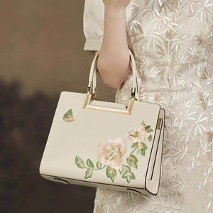 Embroidery Leather Peony Tote Bag Chinese Style Luxury Handbag - SinoCultural -- SC1603-2