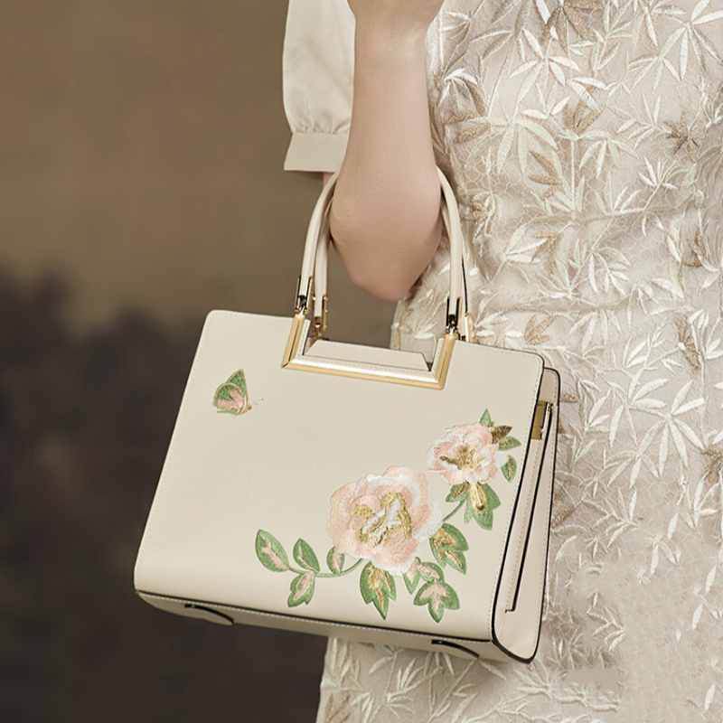 Embroidery Leather Peony Tote Bag Chinese Style Luxury Handbag - SinoCultural -- SC1603-2