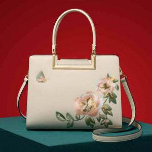Embroidery Leather Peony Tote Bag Chinese Style Luxury Handbag - SinoCultural -- SC1603-2