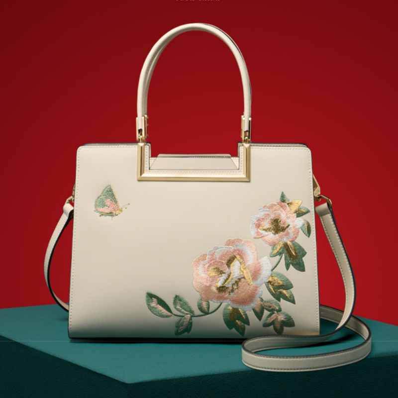 Embroidery Leather Peony Tote Bag Chinese Style Luxury Handbag - SinoCultural -- SC1603-2