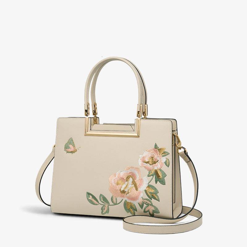 Embroidery Leather Peony Tote Bag Chinese Style Luxury Handbag - SinoCultural -- SC1603-2