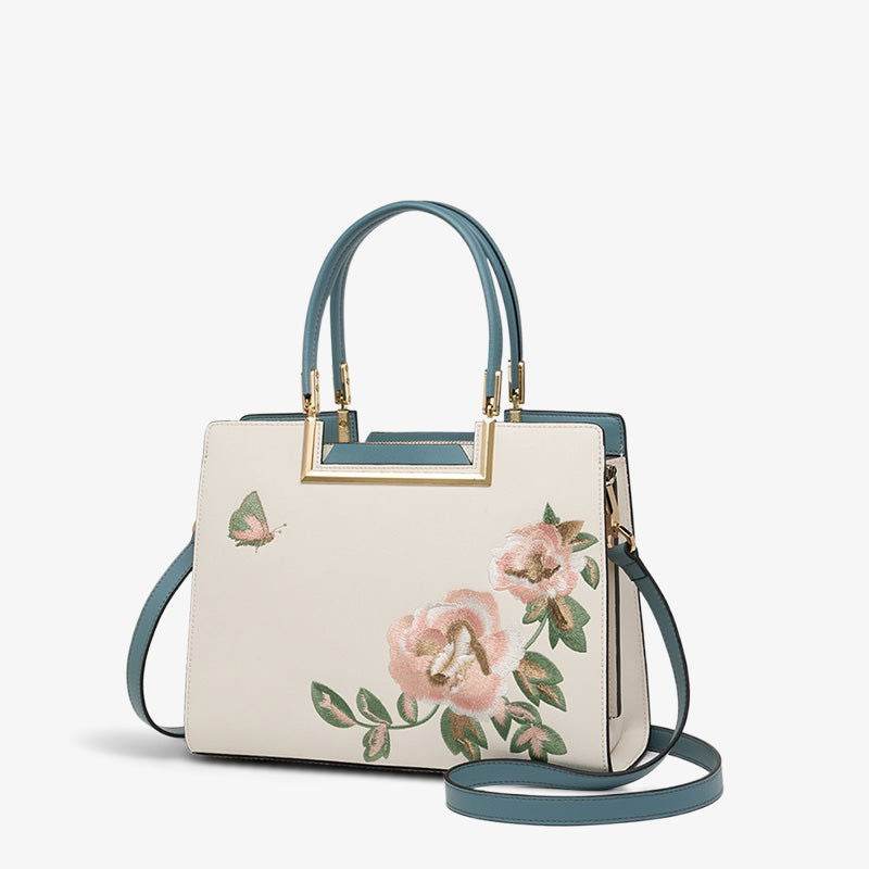 Embroidery Leather Peony Tote Bag Chinese Style Luxury Handbag - SinoCultural -- SC1603-2