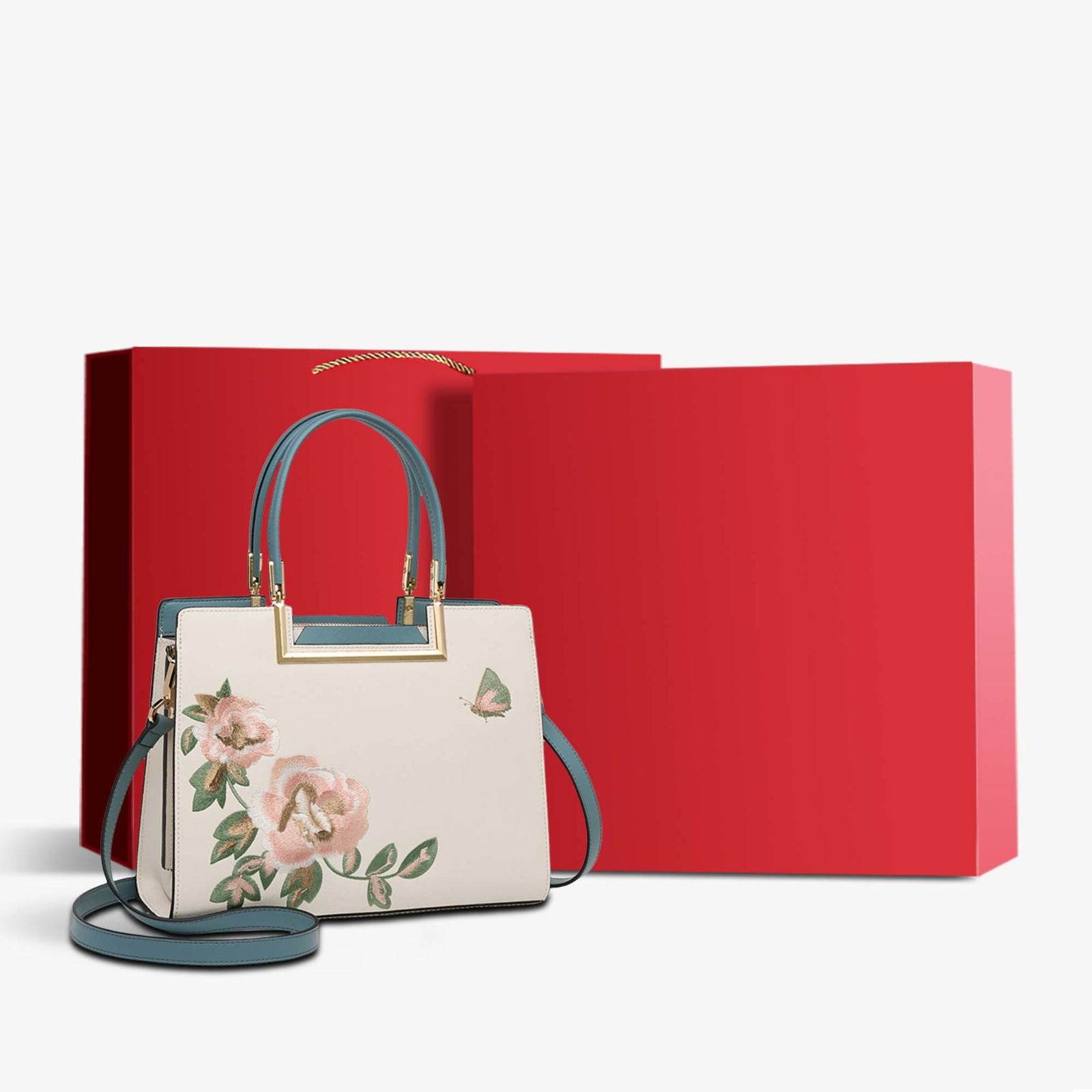 Embroidery Leather Peony Tote Bag Chinese Style Luxury Handbag - SinoCultural -- SC1603-2