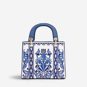 Handcrafted Embroidery Leather Handbag Blue and White Porcelain - SinoCultural -- CXXB048B