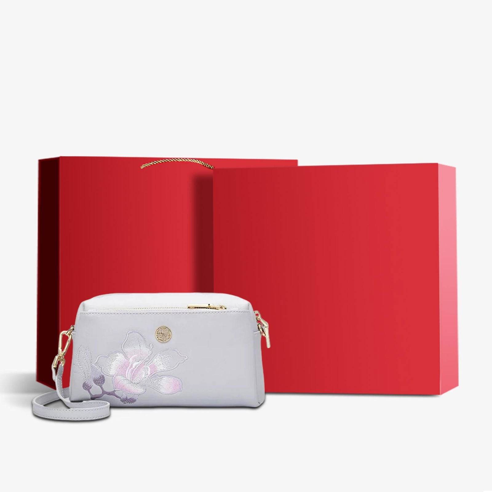 Embroidery Leather Purple Bauhinia Hand Clutch Wallet - SinoCultural -- P220276