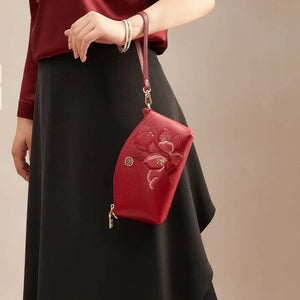 Embroidery Leather Red Magnolia Women‘s Handbag Wallet - SinoCultural -- P220248-1