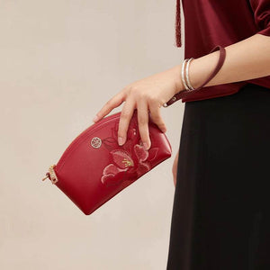 Embroidery Leather Red Magnolia Women‘s Handbag Wallet - SinoCultural -- P220248-1