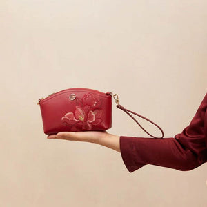 Embroidery Leather Red Magnolia Women‘s Handbag Wallet - SinoCultural -- P220248-1