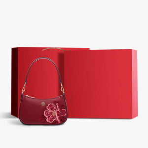 Embroidery Leather Red Shoulder Bag Peony Women's Hobo Handbag - SinoCultural -- P220212-1
