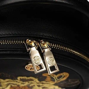 Embroidery Leather Round Handbag High Luxury Royal Gold Peony - SinoCultural -- P110171