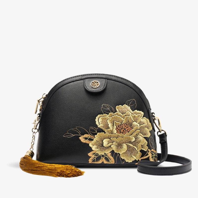 Embroidery Leather Shoulder Bag High Luxury Royal Gold Peony - SinoCultural -- P210079