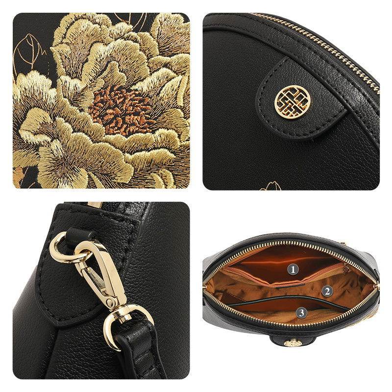 Embroidery Leather Shoulder Bag High Luxury Royal Gold Peony - SinoCultural -- P210079