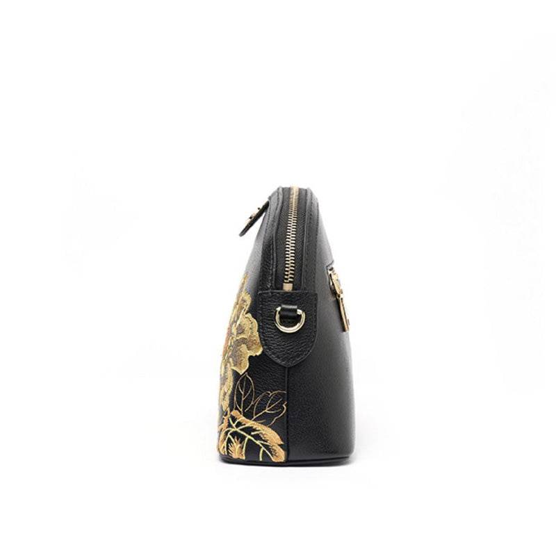 Embroidery Leather Shoulder Bag High Luxury Royal Gold Peony - SinoCultural -- P210079