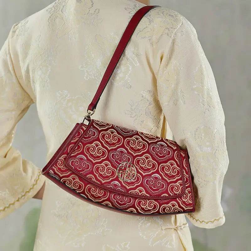 Embroidery Leather Single Shoulder Underarm Bag Auspicious Cloud - SinoCultural -- SC1688-D5