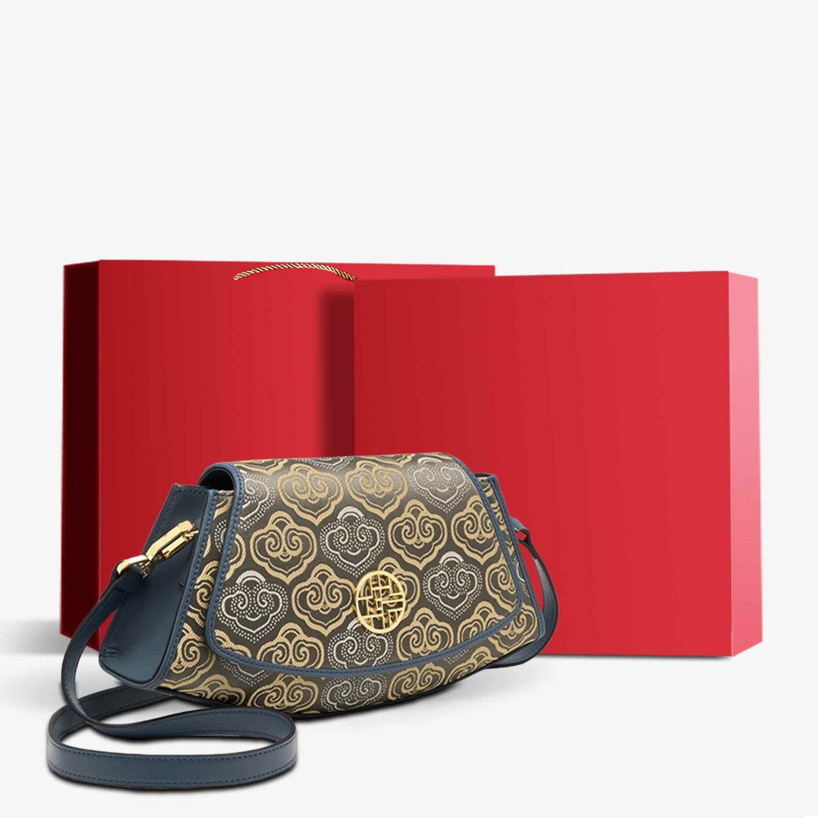 Embroidery Leather Single Shoulder Underarm Bag Auspicious Cloud - SinoCultural -- SC1688-D5