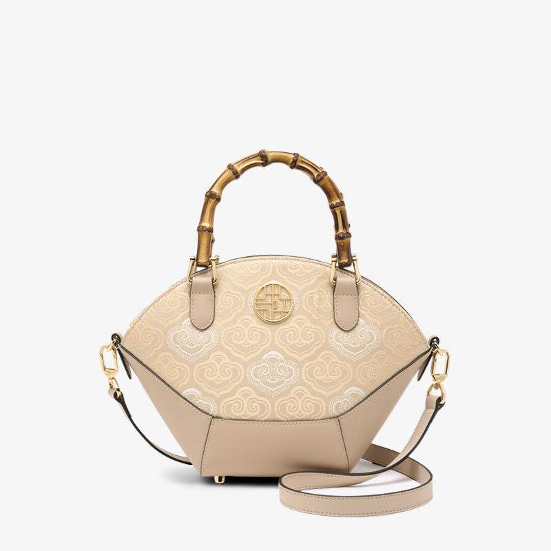 Embroidery Leather Tote Bag Bamboo Handle Auspicious Cloud - SinoCultural -- SC1689-B1