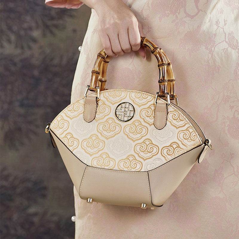 Embroidery Leather Tote Bag Bamboo Handle Auspicious Cloud - SinoCultural -- SC1689-B1