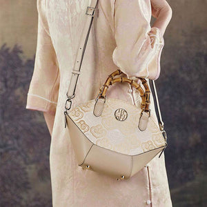 Embroidery Leather Tote Bag Bamboo Handle Auspicious Cloud - SinoCultural -- SC1689-B1