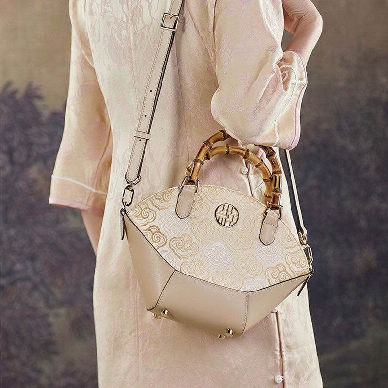 Embroidery Leather Tote Bag Bamboo Handle Auspicious Cloud - SinoCultural -- SC1689-B1