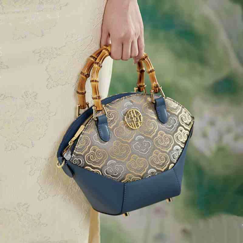 Embroidery Leather Tote Bag Bamboo Handle Auspicious Cloud - SinoCultural -- SC1689-B1