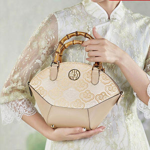 Embroidery Leather Tote Bag Bamboo Handle Auspicious Cloud - SinoCultural -- SC1689-B1