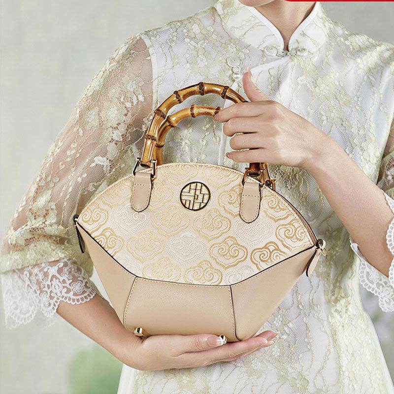 Embroidery Leather Tote Bag Bamboo Handle Auspicious Cloud - SinoCultural -- SC1689-B1