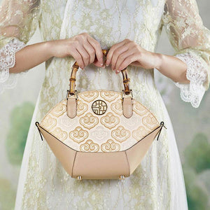 Embroidery Leather Tote Bag Bamboo Handle Auspicious Cloud - SinoCultural -- SC1689-B1