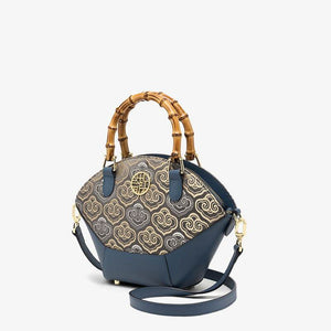 Embroidery Leather Tote Bag Bamboo Handle Auspicious Cloud - SinoCultural -- SC1689-B1