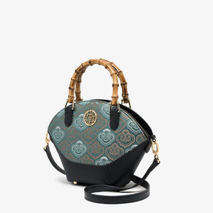 Embroidery Leather Tote Bag Bamboo Handle Auspicious Cloud - SinoCultural -- SC1689-B1