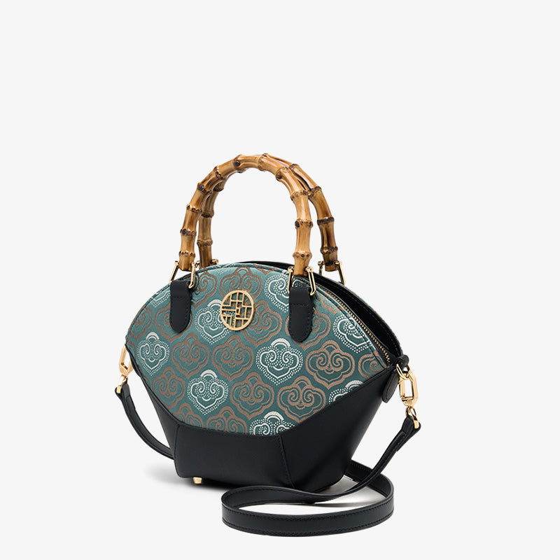 Embroidery Leather Tote Bag Bamboo Handle Auspicious Cloud - SinoCultural -- SC1689-B1