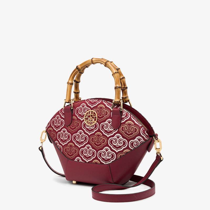 Embroidery Leather Tote Bag Bamboo Handle Auspicious Cloud - SinoCultural -- SC1689-B1