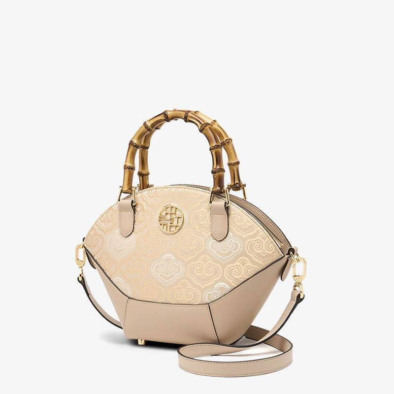 Embroidery Leather Tote Bag Bamboo Handle Auspicious Cloud - SinoCultural -- SC1689-B1