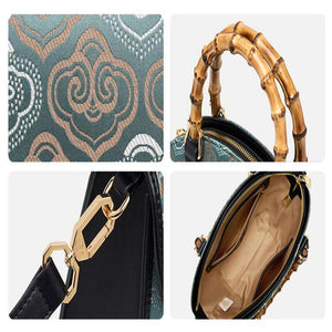 Embroidery Leather Tote Bag Bamboo Handle Auspicious Cloud - SinoCultural -- SC1689-B1