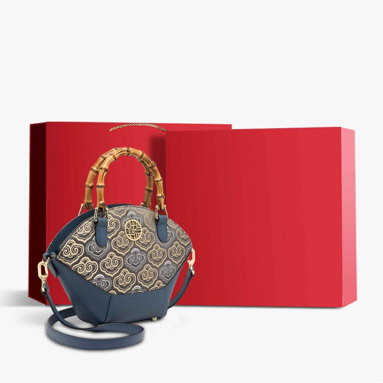 Embroidery Leather Tote Bag Bamboo Handle Auspicious Cloud - SinoCultural -- SC1689-B1