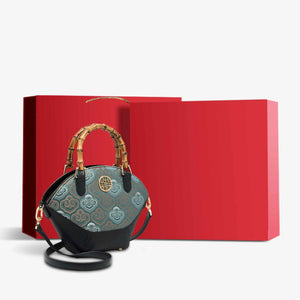Embroidery Leather Tote Bag Bamboo Handle Auspicious Cloud - SinoCultural -- SC1689-B1