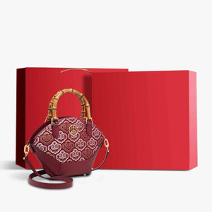 Embroidery Leather Tote Bag Bamboo Handle Auspicious Cloud - SinoCultural -- SC1689-B1