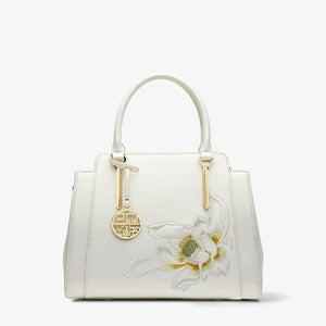 Sinocultural Embroidery Leather Tote Bag White Lotus Crossbody Bag - SinoCultural -- P120317