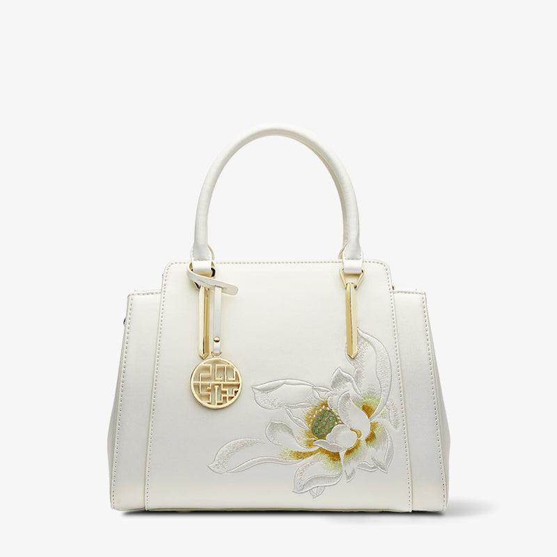 Sinocultural Embroidery Leather Tote Bag White Lotus Crossbody Bag - SinoCultural -- P120317