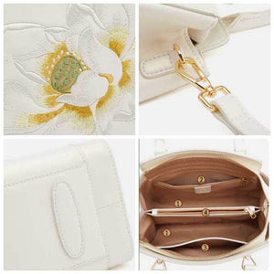 Sinocultural Embroidery Leather Tote Bag White Lotus Crossbody Bag - SinoCultural -- P120317
