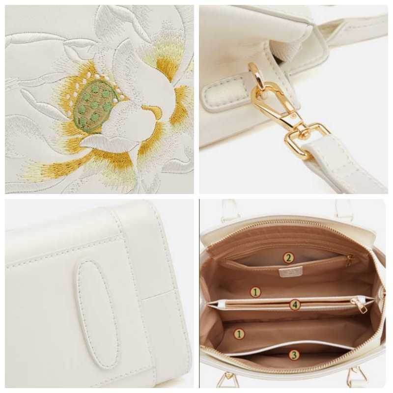 Sinocultural Embroidery Leather Tote Bag White Lotus Crossbody Bag - SinoCultural -- P120317