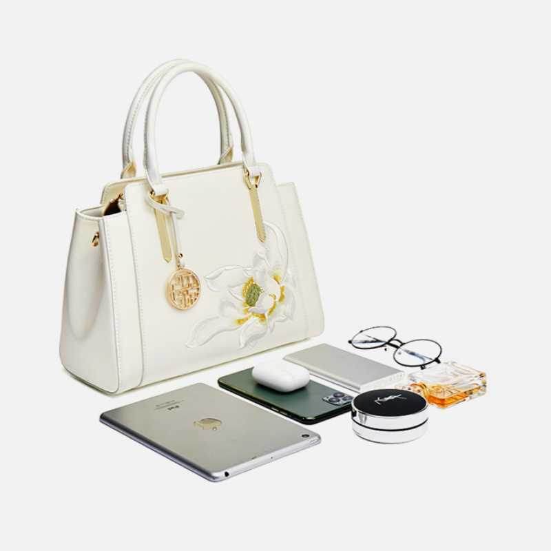 Sinocultural Embroidery Leather Tote Bag White Lotus Crossbody Bag - SinoCultural -- P120317