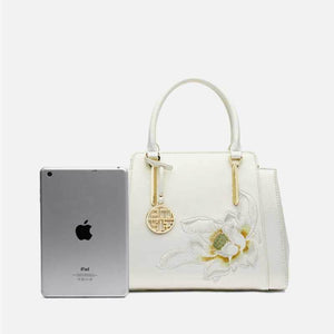 Sinocultural Embroidery Leather Tote Bag White Lotus Crossbody Bag - SinoCultural -- P120317